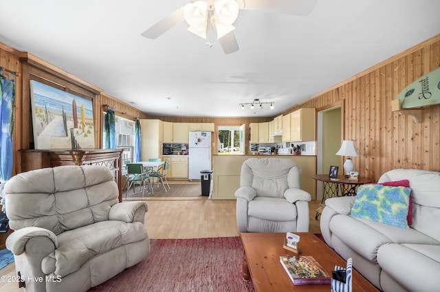 124 Holiday Knl, Hertford, NC 27944 - living area featuring wood walls, ceiling fan, and light wood-type flooring