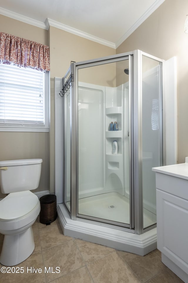 404 River Birch Dr, Greenville, NC 27858 - bathroom with a shower stall, ornamental molding, vanity, and tile patterned flooring