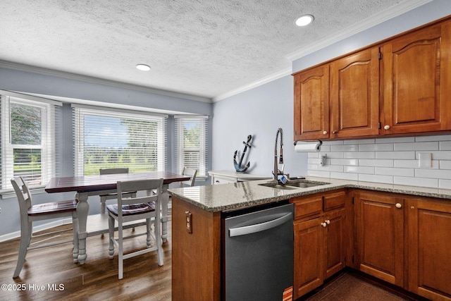 5023 Marathon Landing Ct, Castle Hayne, NC 28429 - kitchen featuring dishwasher, crown molding, stone counters, brown cabinetry, and a textured ceiling