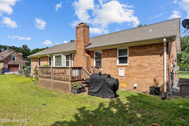 5023 Marathon Landing Ct, Castle Hayne, NC 28429 - back of house with brick siding, a wooden deck, a chimney, and roof with shingles