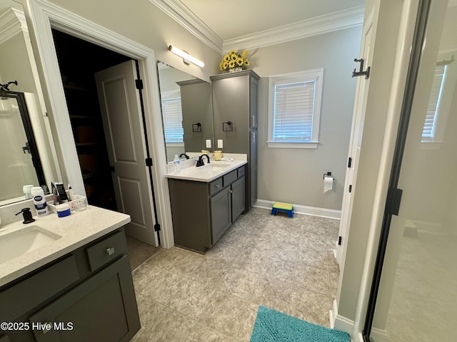 2925 Davenport Rd, Deep Run, NC 28525 - bathroom with two vanities, ornamental molding, and tile patterned floors