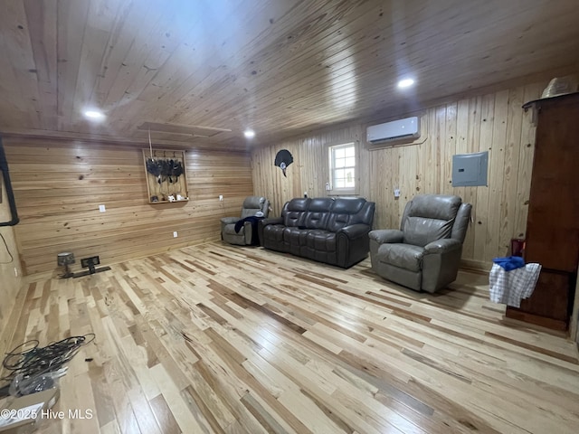 2925 Davenport Rd, Deep Run, NC 28525 - living room featuring an AC wall unit, hardwood / wood-style floors, wooden walls, and wooden ceiling