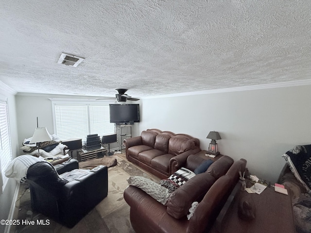 200 Carolina Beach Ave S, Carolina Beach, NC 28428 - living room with a textured ceiling, ceiling fan, crown molding, and carpet floors