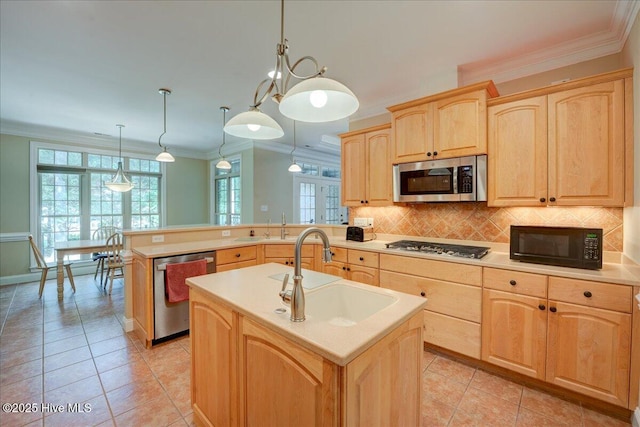 100 Knollwood Ct, New Bern, NC 28562 - kitchen featuring stainless steel appliances, light brown cabinets, ornamental molding, light countertops, and a peninsula