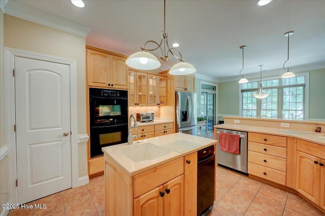 100 Knollwood Ct, New Bern, NC 28562 - kitchen with stainless steel appliances, light brown cabinetry, a center island with sink, ornamental molding, and light tile patterned flooring