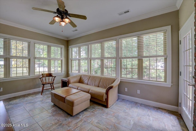 100 Knollwood Ct, New Bern, NC 28562 - living area featuring a ceiling fan and crown molding