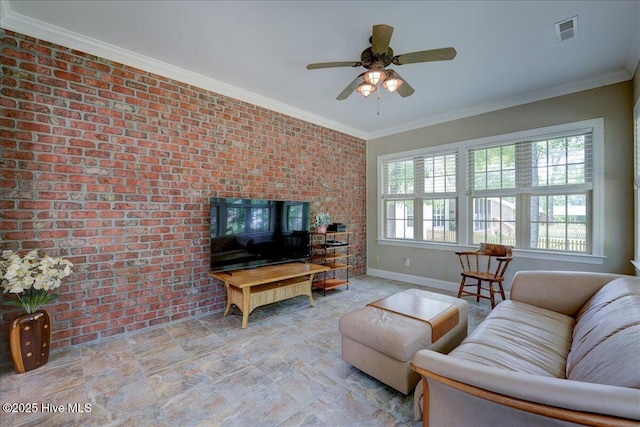 100 Knollwood Ct, New Bern, NC 28562 - living area featuring brick wall, ceiling fan, ornamental molding, and stone finish floors