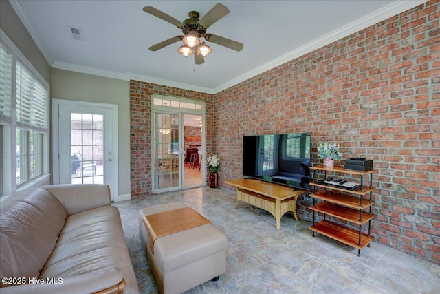 100 Knollwood Ct, New Bern, NC 28562 - living area with brick wall, ornamental molding, and ceiling fan