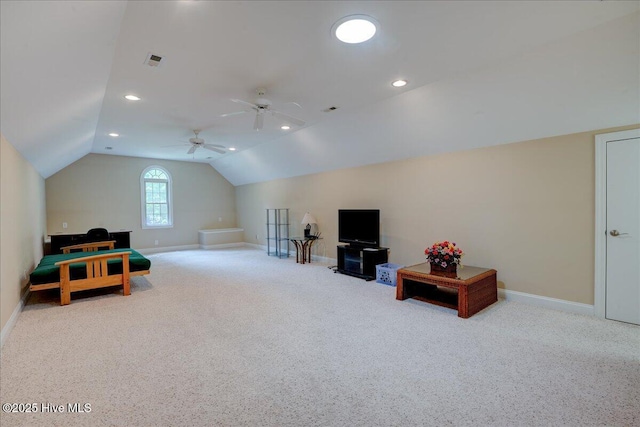 100 Knollwood Ct, New Bern, NC 28562 - game room with carpet floors, vaulted ceiling, ceiling fan, and recessed lighting