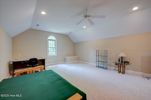 100 Knollwood Ct, New Bern, NC 28562 - bedroom featuring vaulted ceiling, carpet flooring, a desk, a ceiling fan, and recessed lighting