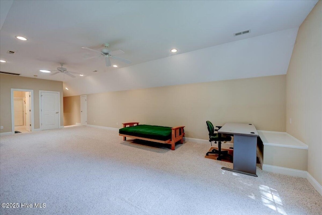 100 Knollwood Ct, New Bern, NC 28562 - rec room with carpet flooring, recessed lighting, lofted ceiling, and ceiling fan