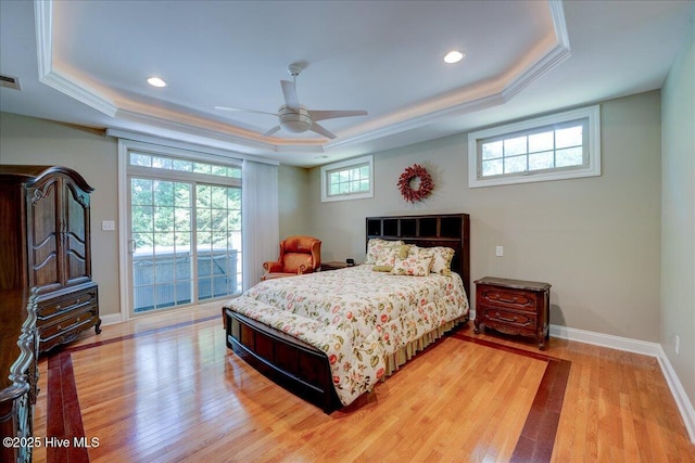 100 Knollwood Ct, New Bern, NC 28562 - bedroom with a tray ceiling, light wood-type flooring, recessed lighting, ornamental molding, and a ceiling fan