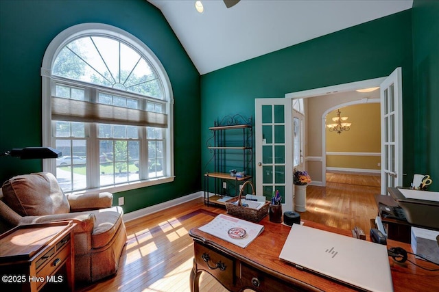 100 Knollwood Ct, New Bern, NC 28562 - office area with french doors, vaulted ceiling, wood finished floors, and a chandelier