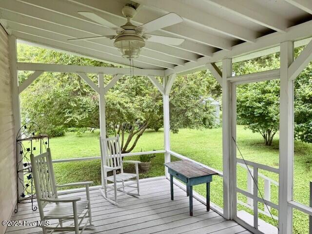 406 Elliott St, Edenton, NC 27932 - wooden deck with ceiling fan and a yard