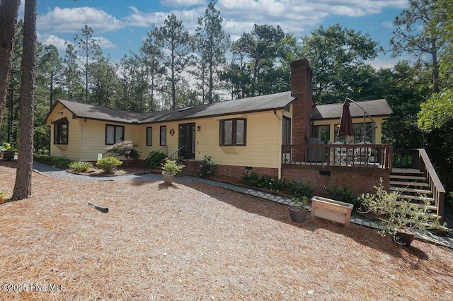254 W Devonshire Ave, West End, NC 27376 - ranch-style home featuring crawl space, stairway, a wooden deck, and a chimney