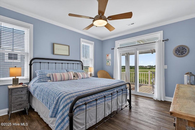 277 E Second St, Ocean Isle Beach, NC 28469 - bedroom featuring access to exterior, dark wood-style flooring, ornamental molding, and a ceiling fan