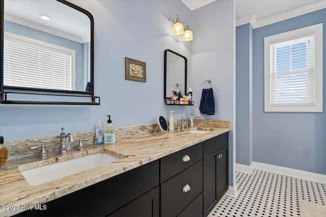277 E Second St, Ocean Isle Beach, NC 28469 - bathroom featuring crown molding and double vanity