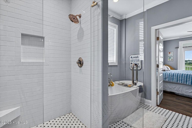 277 E Second St, Ocean Isle Beach, NC 28469 - ensuite bathroom featuring crown molding, tiled shower, and a freestanding tub