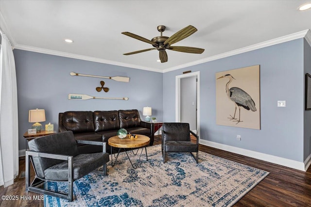 277 E Second St, Ocean Isle Beach, NC 28469 - living room featuring a ceiling fan, wood finished floors, crown molding, and recessed lighting