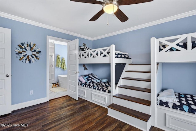 277 E Second St, Ocean Isle Beach, NC 28469 - bedroom with wood finished floors, ornamental molding, ensuite bath, and a ceiling fan