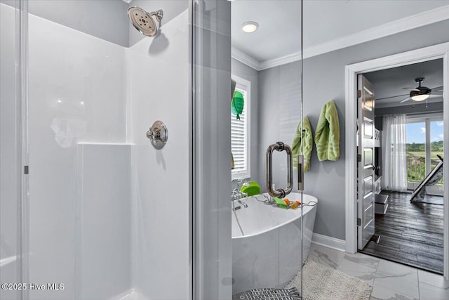 277 E Second St, Ocean Isle Beach, NC 28469 - full bath featuring marble finish flooring, a stall shower, crown molding, and a soaking tub