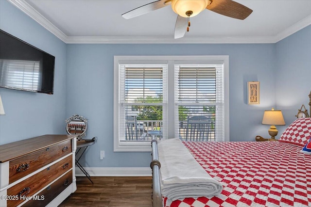 277 E Second St, Ocean Isle Beach, NC 28469 - bedroom with dark wood finished floors, crown molding, and ceiling fan