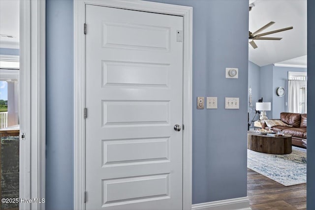 277 E Second St, Ocean Isle Beach, NC 28469 - entryway with dark wood-style flooring, a ceiling fan, and vaulted ceiling
