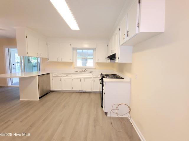 302 Bunche Dr, Goldsboro, NC 27530 - kitchen with stainless steel dishwasher, a peninsula, under cabinet range hood, light wood-type flooring, and white cabinets