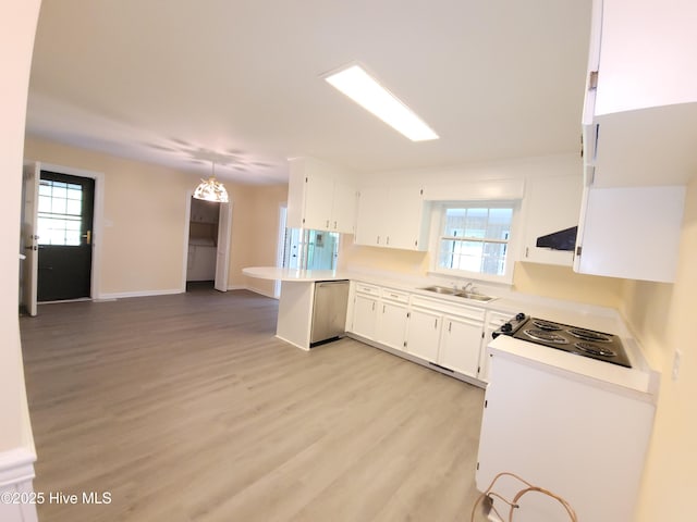 302 Bunche Dr, Goldsboro, NC 27530 - kitchen with dishwasher, a peninsula, range hood, light wood-style flooring, and white cabinetry
