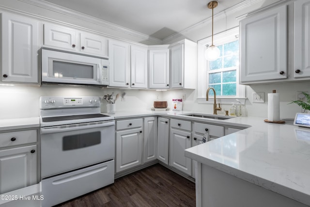 347 Stone Gate Dr, Greenville, NC 27858 - kitchen with white appliances, white cabinets, dark wood-style flooring, decorative light fixtures, and crown molding