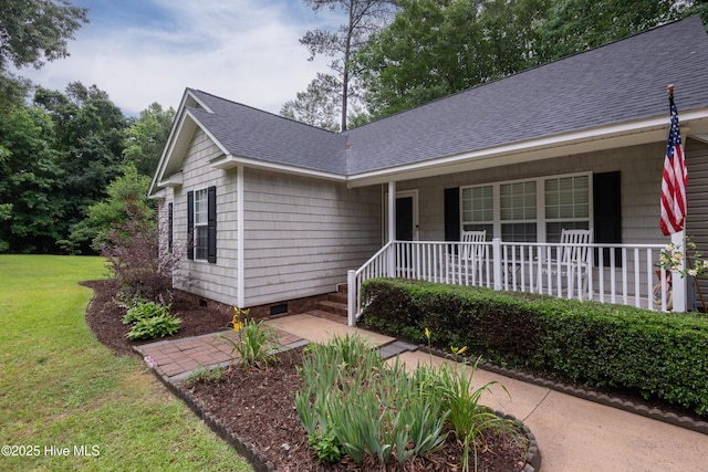 347 Stone Gate Dr, Greenville, NC 27858 - ranch-style house with crawl space, a porch, a shingled roof, and a front lawn