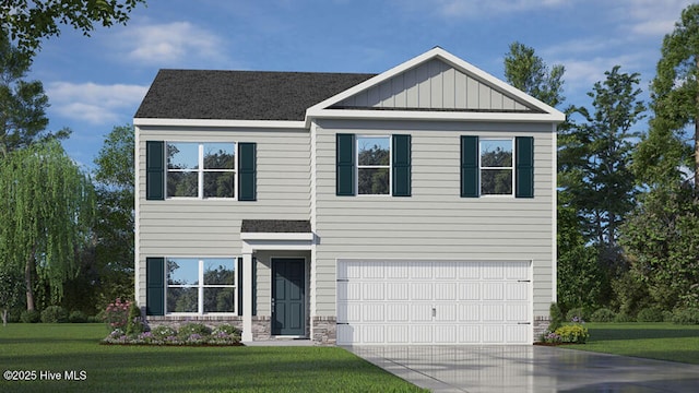 205 Wood St, La Grange, NC 28551 - view of front of property with concrete driveway, a front lawn, board and batten siding, and stone siding