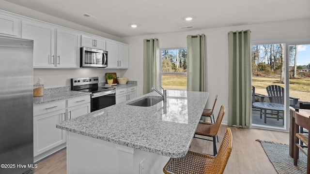 205 Wood St, La Grange, NC 28551 - kitchen with stainless steel appliances, healthy amount of natural light, light wood-style floors, white cabinetry, and recessed lighting