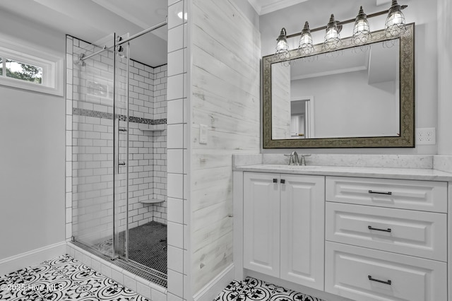 2971 Penderlea Hwy, Burgaw, NC 28425 - bathroom featuring crown molding, a stall shower, vanity, and tile patterned flooring