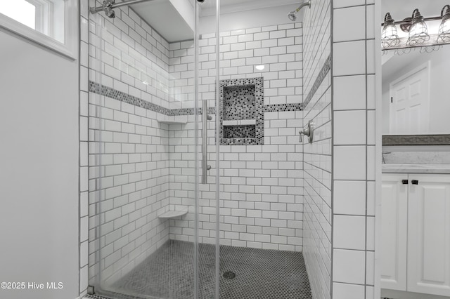 2971 Penderlea Hwy, Burgaw, NC 28425 - full bathroom with a stall shower, crown molding, and vanity
