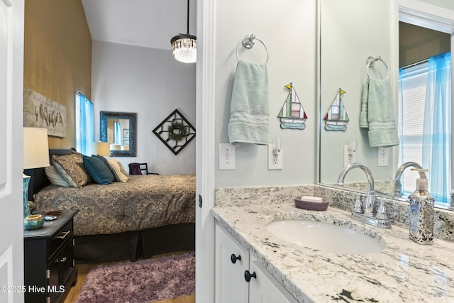 102 Crooked Gulley Cir, Sunset Beach, NC 28468 - ensuite bathroom featuring vanity, a chandelier, and wood finished floors
