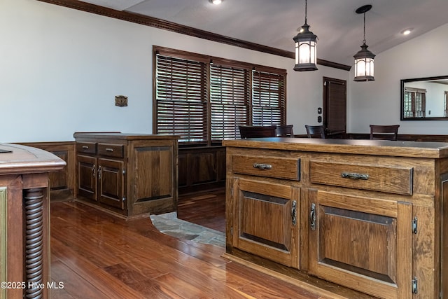 108 Perry Dr, Goldsboro, NC 27530 - kitchen featuring dark wood-style flooring, ornamental molding, recessed lighting, and decorative light fixtures