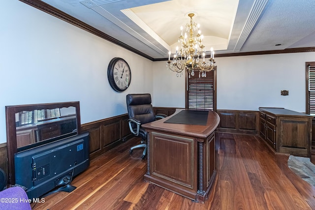 108 Perry Dr, Goldsboro, NC 27530 - office area with ornamental molding, a tray ceiling, wainscoting, dark wood finished floors, and a chandelier