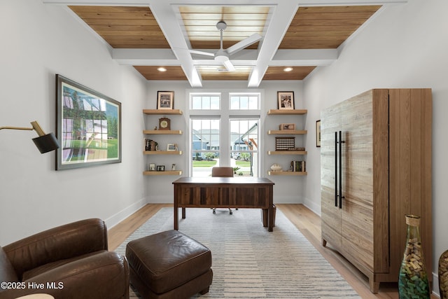 4139 Cobleskill Dr, Leland, NC 28451 - office space featuring light wood-style flooring, beam ceiling, ceiling fan, coffered ceiling, and recessed lighting