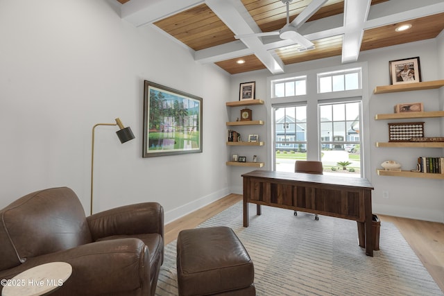 4139 Cobleskill Dr, Leland, NC 28451 - office space featuring light wood-style floors, recessed lighting, a wood ceiling with exposed beams, and coffered ceiling