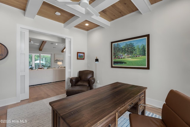 4139 Cobleskill Dr, Leland, NC 28451 - home office featuring a ceiling fan, beam ceiling, wood finished floors, and recessed lighting