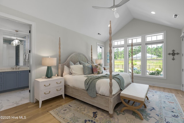 4139 Cobleskill Dr, Leland, NC 28451 - bedroom with connected bathroom, light wood-style floors, a ceiling fan, high vaulted ceiling, and recessed lighting