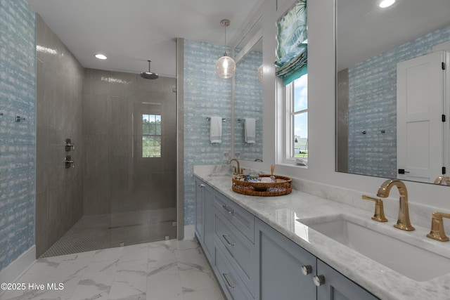 4139 Cobleskill Dr, Leland, NC 28451 - full bathroom with a walk in shower, double vanity, and recessed lighting