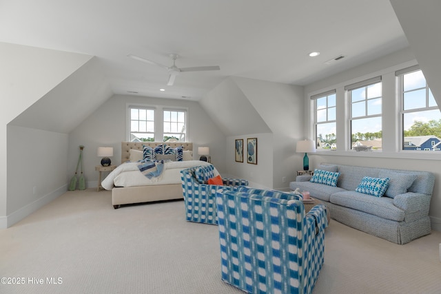 4139 Cobleskill Dr, Leland, NC 28451 - bedroom with carpet, vaulted ceiling, ceiling fan, and recessed lighting