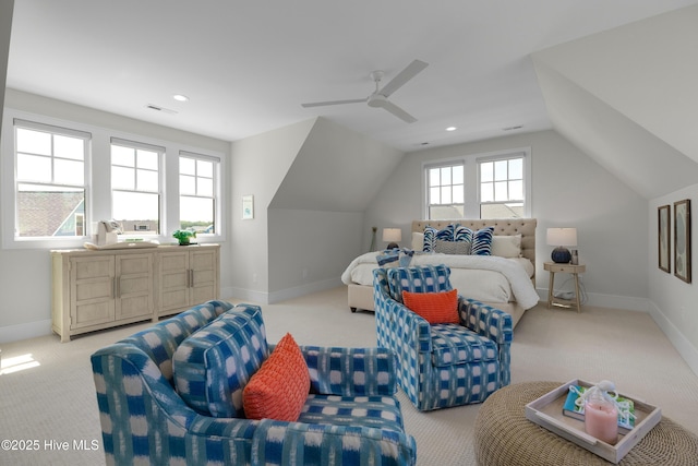 4139 Cobleskill Dr, Leland, NC 28451 - carpeted bedroom with lofted ceiling, a ceiling fan, and recessed lighting