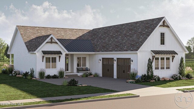 135 Forest Walk SW, Sunset Beach, NC 28468 - modern farmhouse with a standing seam roof, a metal roof, concrete driveway, and a front yard
