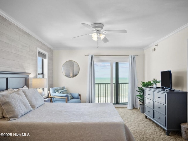 1896 New River Inlet Rd Unit 1310, North Topsail Beach, NC 28460 - bedroom featuring access to exterior, crown molding, light colored carpet, multiple windows, and ceiling fan