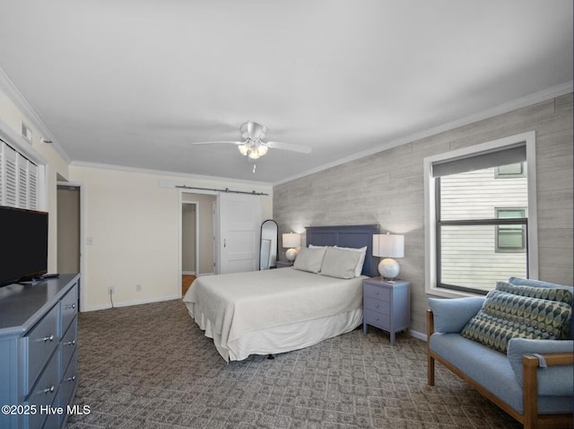 1896 New River Inlet Rd Unit 1310, North Topsail Beach, NC 28460 - carpeted bedroom with a barn door, ornamental molding, and ceiling fan