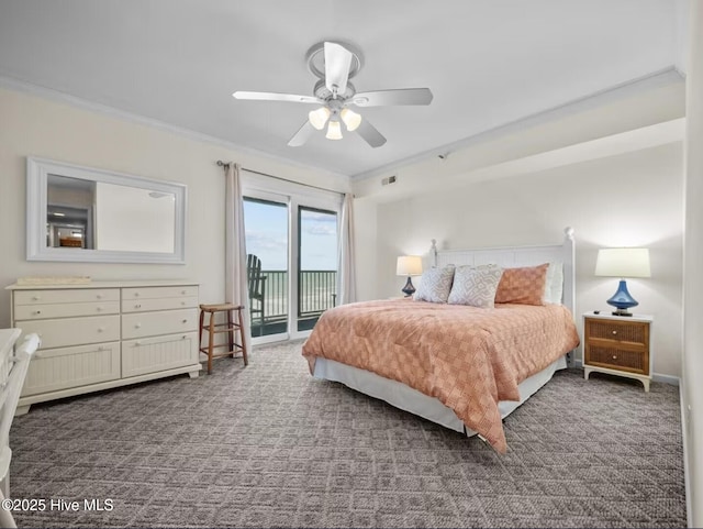 1896 New River Inlet Rd Unit 1310, North Topsail Beach, NC 28460 - bedroom with access to exterior, carpet floors, ceiling fan, and crown molding