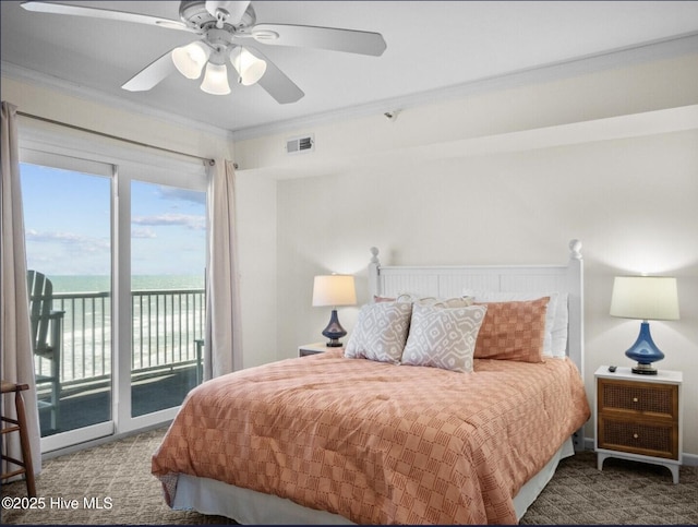 1896 New River Inlet Rd Unit 1310, North Topsail Beach, NC 28460 - carpeted bedroom with access to exterior, crown molding, a water view, and ceiling fan